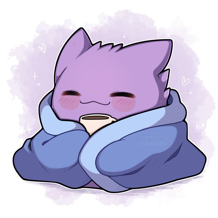 absurdres artist_name blanket blush coffee_mug creatures_(company) cup game_freak gen_1_pokemon gengar gradient_background grey_background heart highres mug nintendo no_humans pokemon pokemon_(creature) sevi_(seviyummy) smile watermark