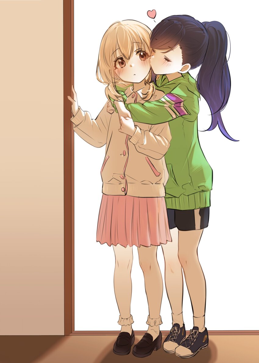 2girls absurdres aged_down azusawa_kohane black_hair black_shoes black_shorts blonde_hair blush brown_eyes closed_eyes gradient_hair green_hoodie heart highres hood hoodie hug hug_from_behind jacket kiss kissing_cheek l0hann1 long_hair long_sleeves multicolored_hair multiple_girls pink_skirt pleated_skirt ponytail project_sekai purple_hair shiraishi_an shoes short_twintails shorts skirt socks twintails white_jacket white_socks yuri