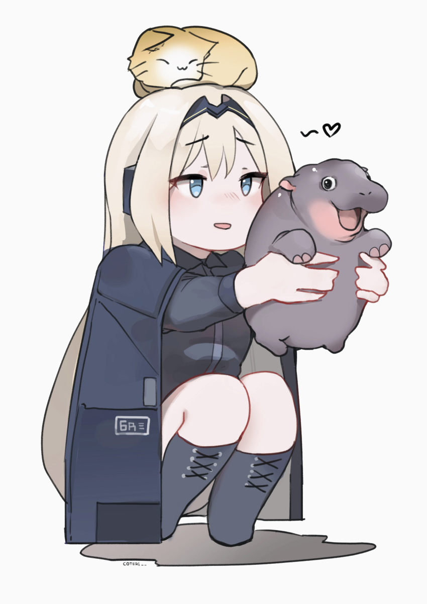 absurdres an-94_(girls&#039;_frontline) animal animal_on_head black_eyes black_footwear black_shirt blonde_hair blue_eyes blue_jacket blush boots cat collared_shirt commentary coteri english_commentary girls&#039;_frontline heart highres hippopotamus holding holding_animal jacket long_hair moo_deng on_head open_mouth real_life shadow shirt simple_background smile squatting very_long_hair white_background