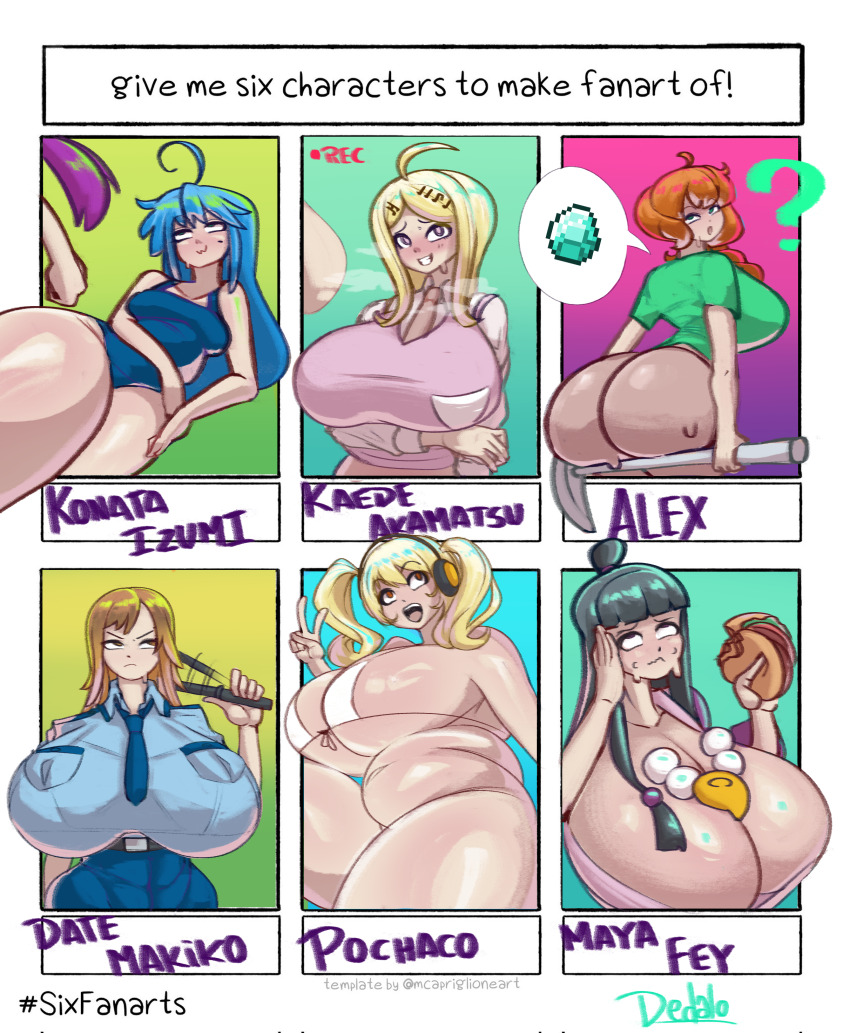 6+girls absurdres ace_attorney akamatsu_kaede alex_(minecraft) angry ass bikini black_hair blonde_hair blue_hair breasts burger clothes collar danganronpa_(series) danganronpa_v3:_killing_harmony date_makiko dedalo diamond_(gemstone) digimon digimon_story:_cyber_sleuth english_text food gem headphones highres holding holding_food holding_pickaxe huge_breasts izumi_konata looking_at_viewer looking_back lucky_star maya_fey medium_breasts multiple_girls nitroplus open_mouth pickaxe police police_uniform policewoman simple_background speech_bubble super_pochaco sweat swimsuit twintails v white_background white_bikini