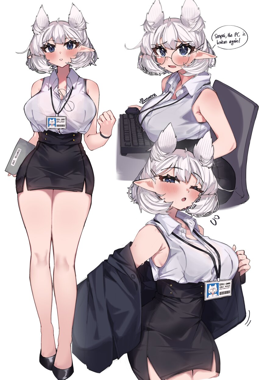 1girl absurdres auraaa black_bra black_skirt blue_eyes blush bra breasts english_text glasses high_heels highres jacket lanyard large_breasts long_legs lorel_(auraaa) miniskirt multiple_views office_lady one_eye_closed original pencil_skirt pointy_ears see-through_clothes shiny_footwear shirt short_hair signature skirt sleeveless sleeveless_shirt sweat underwear white_background white_hair