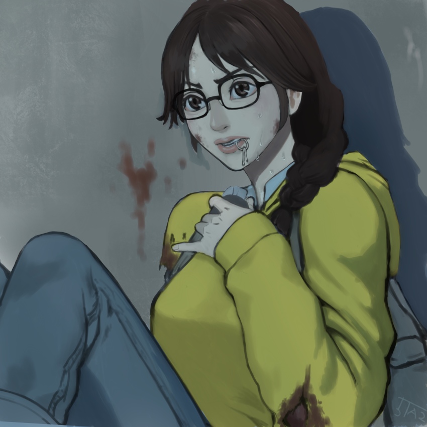 1girl 5tatsu absurdres blood blood_on_clothes blood_on_face blood_on_wall blue_pants braid breasts brown_eyes brown_hair denim glasses hand_on_own_chest highres hood hood_down hoodie injury jeans key keys_in_mouth leaning_back long_hair long_sleeves looking_to_the_side medium_breasts pants parted_bangs parted_lips resident_evil resident_evil:_resistance sitting solo sweat torn_clothes upper_body valerie_harmon yellow_hoodie