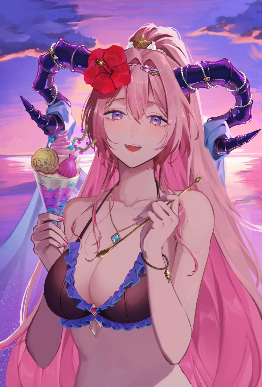 1girl absurdly_long_hair alternate_breast_size bikini black_bikini breasts breasts_squeezed_together cameo chibi chibi_inset circlet cloud cloudy_sky collarbone commentary_request cup fire_emblem fire_emblem_heroes flower food frilled_bikini frills goat_horns gold_spoon gradient_eyes hair_between_eyes hair_flower hair_intakes hair_ornament halterneck hibiscus highres holding holding_cup holding_spoon horns ice_cream light_blush long_hair looking_at_viewer medium_breasts multicolored_eyes nerthuz_(summer)_(fire_emblem) nintendo ocean open_mouth outdoors pana_(87) pink_hair ponytail purple_eyes red_flower sharena_(fire_emblem) sky solo spoon star_(symbol) star_hair_ornament sunset swimsuit tareme upper_body vaporwave very_long_hair yellow_eyes