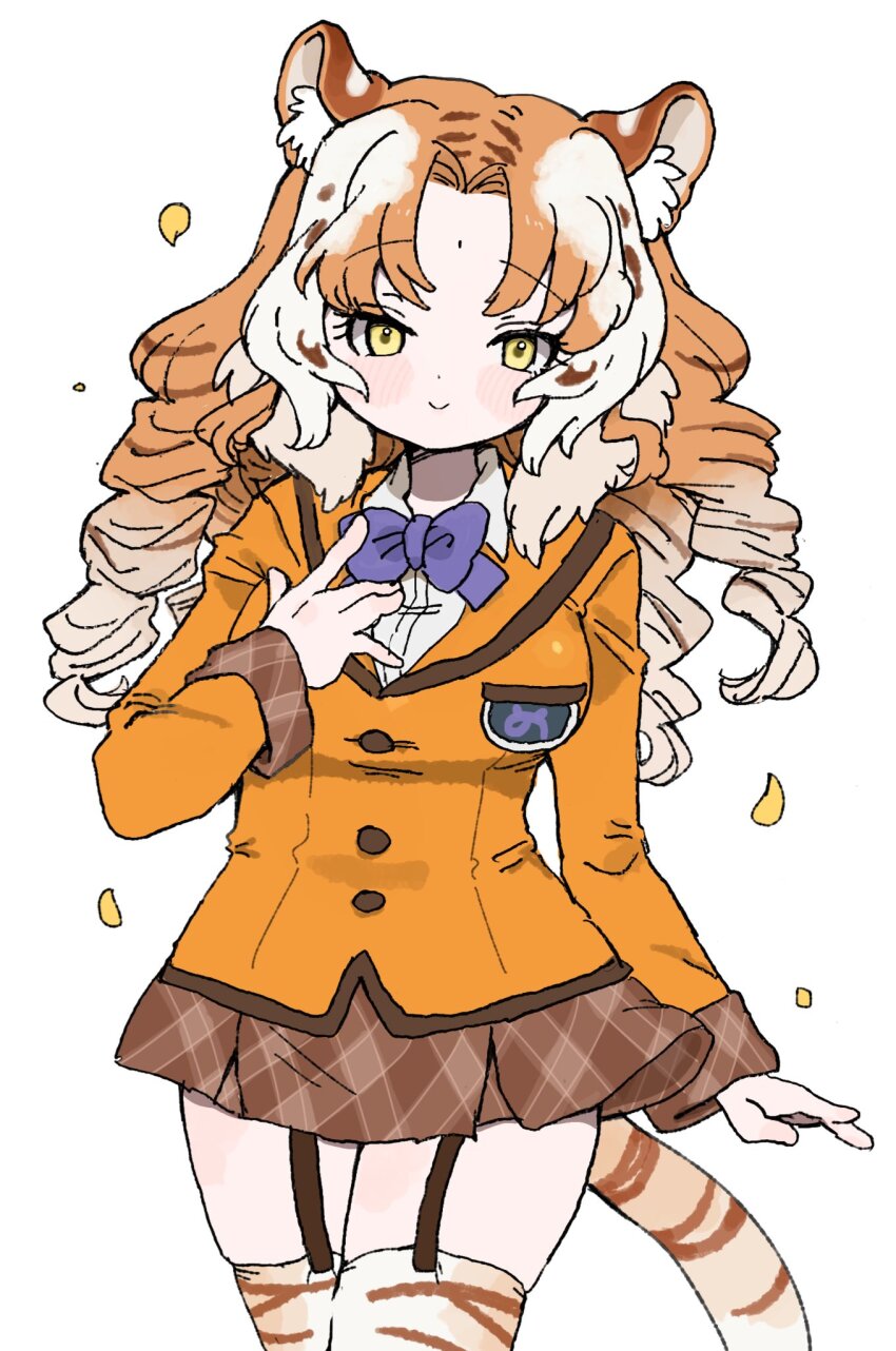 010mzam 1girl animal_ears animal_print blue_bow blue_bowtie blush bow bowtie breast_pocket brown_skirt brown_trim collared_shirt cowboy_shot curly_hair forehead garter_straps golden_tabby_tiger_(kemono_friends) highres jacket kemono_friends long_hair long_sleeves multicolored_hair orange_hair orange_jacket plaid_clothes plaid_skirt plaid_trim pleated_skirt pocket print_thighhighs shirt sidelocks skirt smile solo tail thighhighs tiger_ears tiger_girl tiger_print tiger_tail white_hair white_shirt yellow_eyes zettai_ryouiki