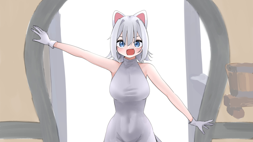 1girl absurdres animal_ears blush breasts bucket cat_ears cat_girl cowboy_shot doorway fang gloves hair_between_eyes hair_intakes highres large_breasts looking_at_viewer maimai_(game) milk_(maimai) open_mouth short_hair skin_fang sleeveless smile solo tt_(mmk_lr) white_gloves white_romper wooden_bucket