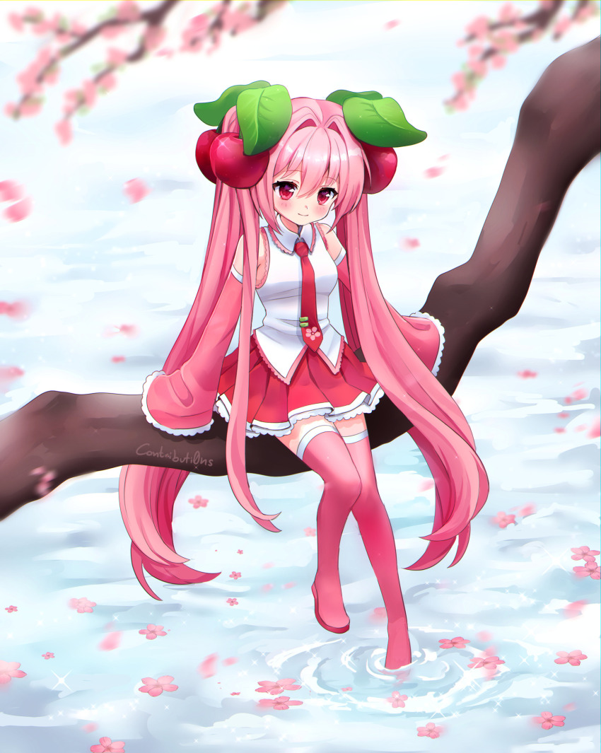 1girl 2000s_(style) branch cherry cherry_blossoms cherry_hair_ornament contributi0ns detached_sleeves flower food food-themed_hair_ornament fruit hair_ornament hatsune_miku highres leaf long_hair necktie outdoors petals pink_eyes pink_footwear pink_hair pink_sleeves pink_theme pink_thighhighs red_necktie red_skirt sakura_miku shirt sitting skirt sleeveless smile solo thighhighs twintails very_long_hair vocaloid water