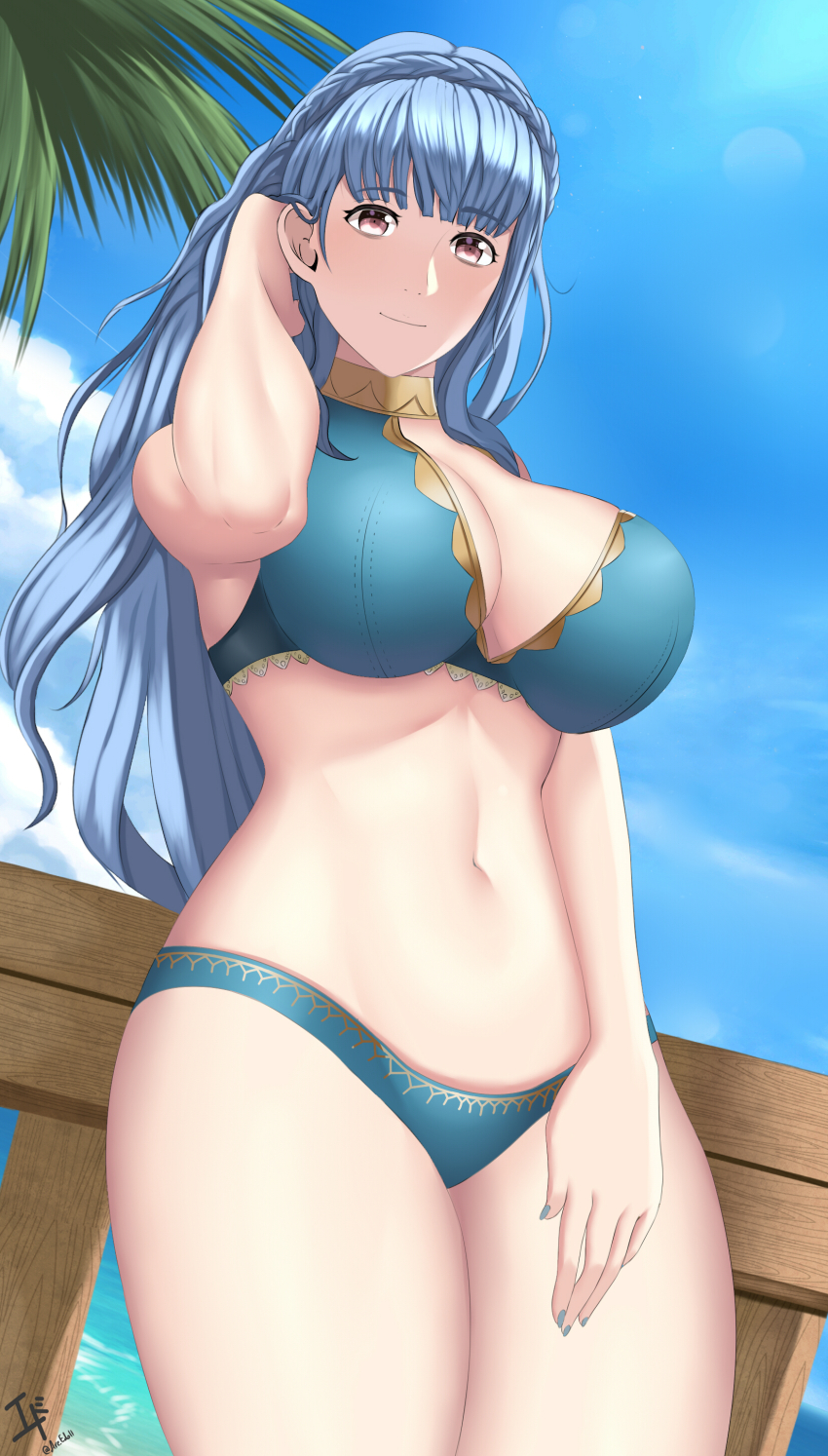 1girl absurdres adjusting_hair alternate_costume alternate_hairstyle arcedo bikini blue_bikini blue_hair blue_nails blunt_bangs breasts brown_eyes cleavage commission fire_emblem fire_emblem:_three_houses fire_emblem_heroes from_below hair_down highres large_breasts long_hair looking_at_viewer marianne_von_edmund marianne_von_edmund_(summer) nail_polish nintendo official_alternate_costume smile solo swimsuit thick_thighs thighs