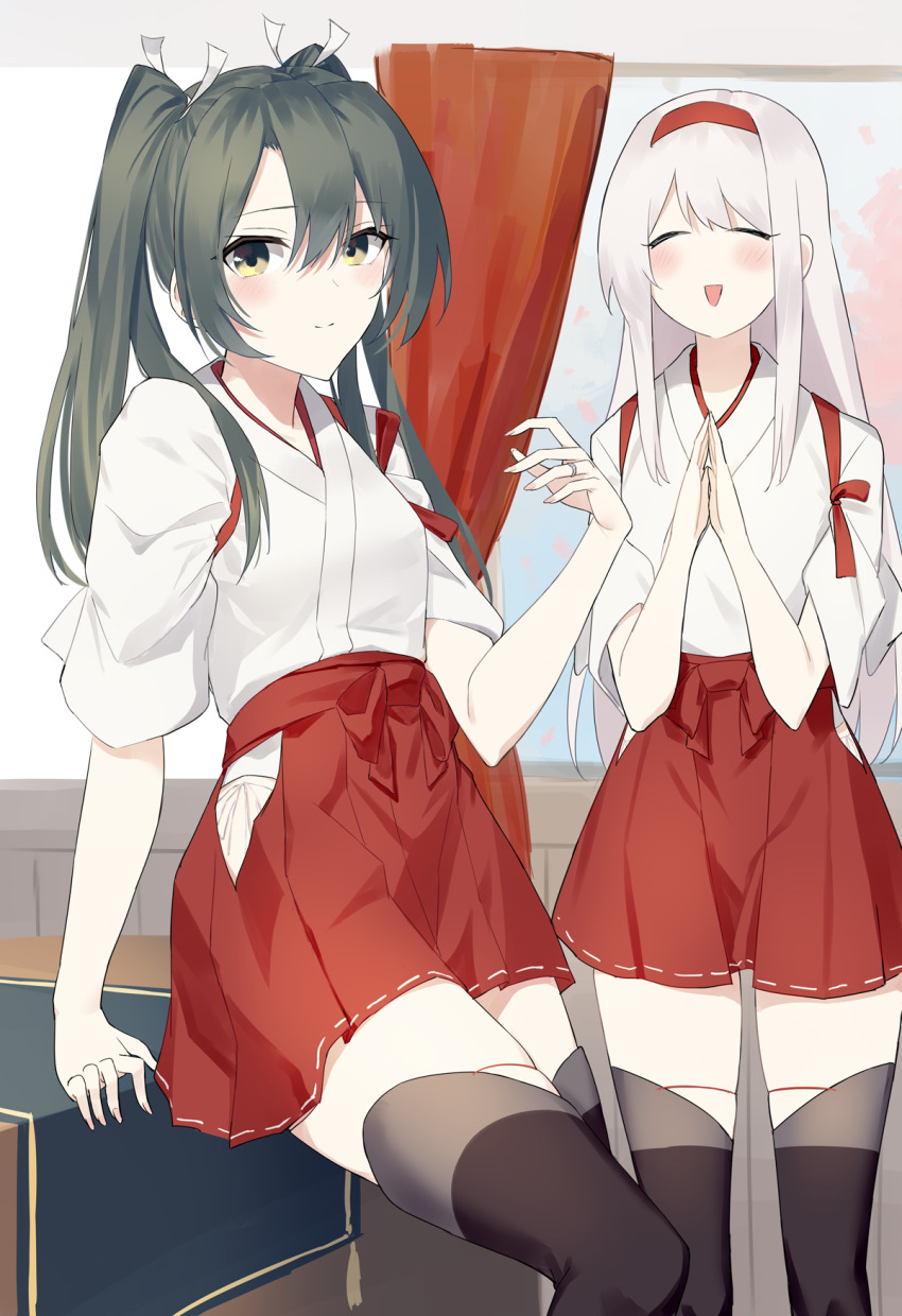 2girls black_legwear blush closed_eyes closed_mouth commission fingernails green_eyes green_hair hair_between_eyes hair_ribbon hakama hakama_skirt headband highres japanese_clothes jewelry kantai_collection long_hair multiple_girls open_mouth red_hakama red_headband ribbon ring shoukaku_(kancolle) skeb_commission skirt smile stardust-kun tasuki thighhighs twintails wedding_band white_hair white_ribbon zuikaku_(kancolle)