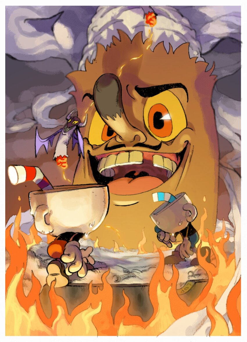 3boys cigar cigarette colored_sclera cup cuphead cuphead_(game) doi_m2000 drinking_straw evil_smile facial_hair falling fighting fire gloves hat highres looking_down lying mini_person mugman multiple_boys mustache open_mouth shorts size_difference smile smoke sweat teeth tooth_gap vase white_gloves yellow_sclera