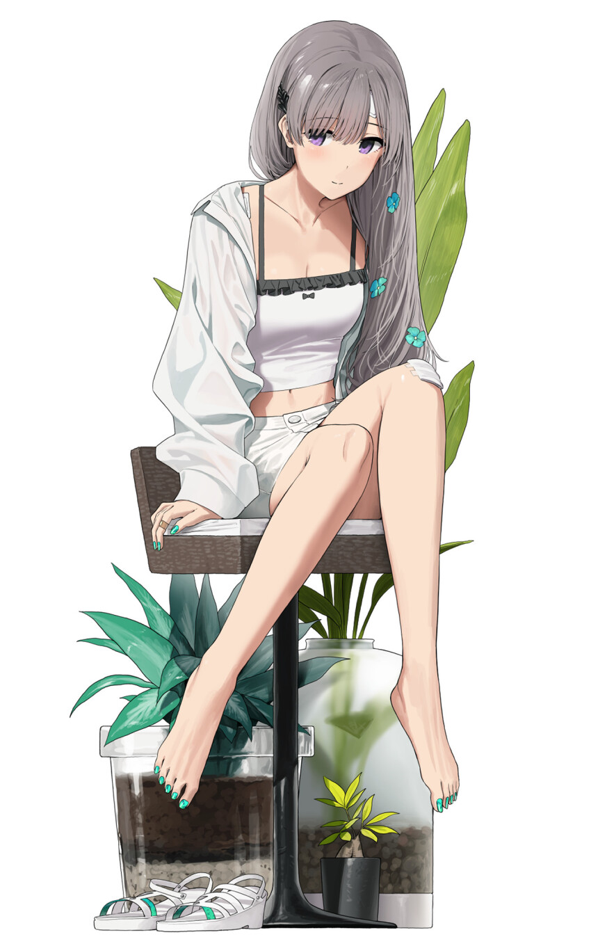 1girl aqua_flower aqua_nails bare_legs barefoot blush breasts cleavage closed_mouth collarbone crop_top feet flower full_body grey_hair hair_flower hair_ornament highres idolmaster idolmaster_shiny_colors jacket jewelry legs long_hair long_sleeves medium_breasts miniskirt nail_polish noeru on_chair open_clothes open_jacket plant potted_plant purple_eyes ring sandals sitting skirt smile solo toenail_polish toenails toes unworn_sandals white_jacket white_skirt yukoku_kiriko