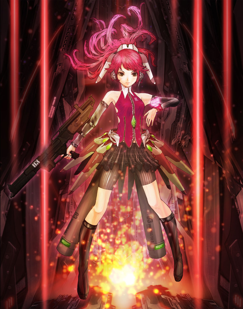 1girl absurdres bare_shoulders bike_shorts box_sentou_shoujo detached_sleeves edit98 female_focus full_body green_eyes gun headset highres mecha_musume mole mole_under_mouth original pink_hair pleated_skirt ponytail skirt solo weapon