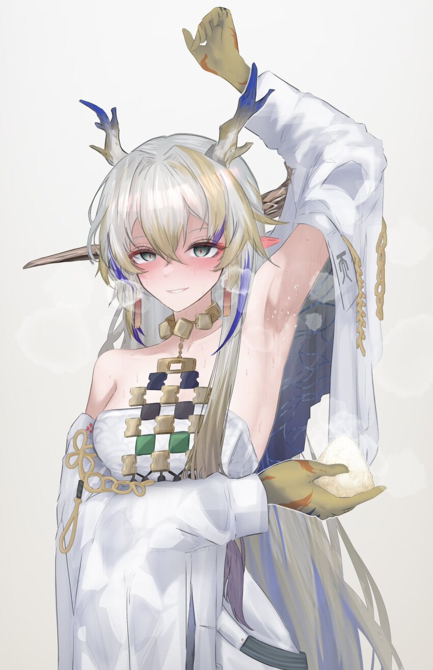 1girl arknights arm_up armpit_onigiri armpits bare_shoulders blonde_hair blush collarbone colored_extremities commentary cowboy_shot dragon_girl dragon_horns earrings food green_eyes grey_background grey_hair hair_between_eyes hair_intakes highres holding holding_food horns jacket jewelry keiosu4 long_hair long_sleeves looking_at_viewer multicolored_hair onigiri pointy_ears presenting_armpit purple_hair red_pupils rice rice_on_armpit shu_(arknights) smile solo standing steam sweat very_long_hair white_jacket