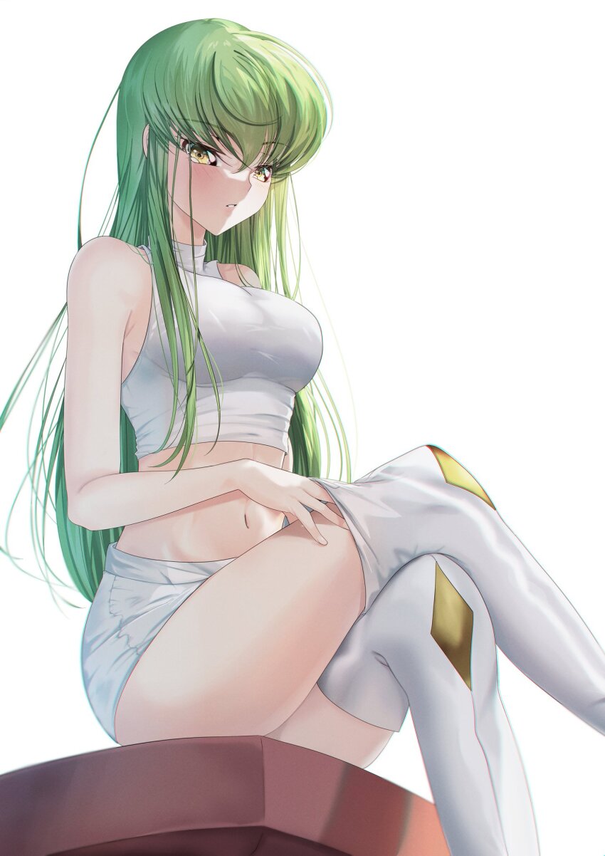 1girl bare_shoulders breasts budgiepon c.c. code_geass female_focus green_hair highres legs_together light_blush long_hair medium_breasts short_shorts shorts simple_background sitting thighhighs thighs white_background white_thighhighs yellow_eyes