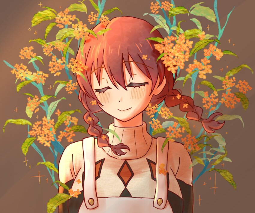 1girl apron braid breasts brown_background brown_hair closed_eyes closed_mouth commentary emma_verde floating_hair floral_background flower freckles gold_osmanthus highres large_breasts long_hair love_live! love_live!_nijigasaki_high_school_idol_club low_twin_braids orange_flower osmanthus smile solo split_mouth suzuko_(fragrant_0live) sweater symbol-only_commentary twin_braids upper_body white_apron white_sweater