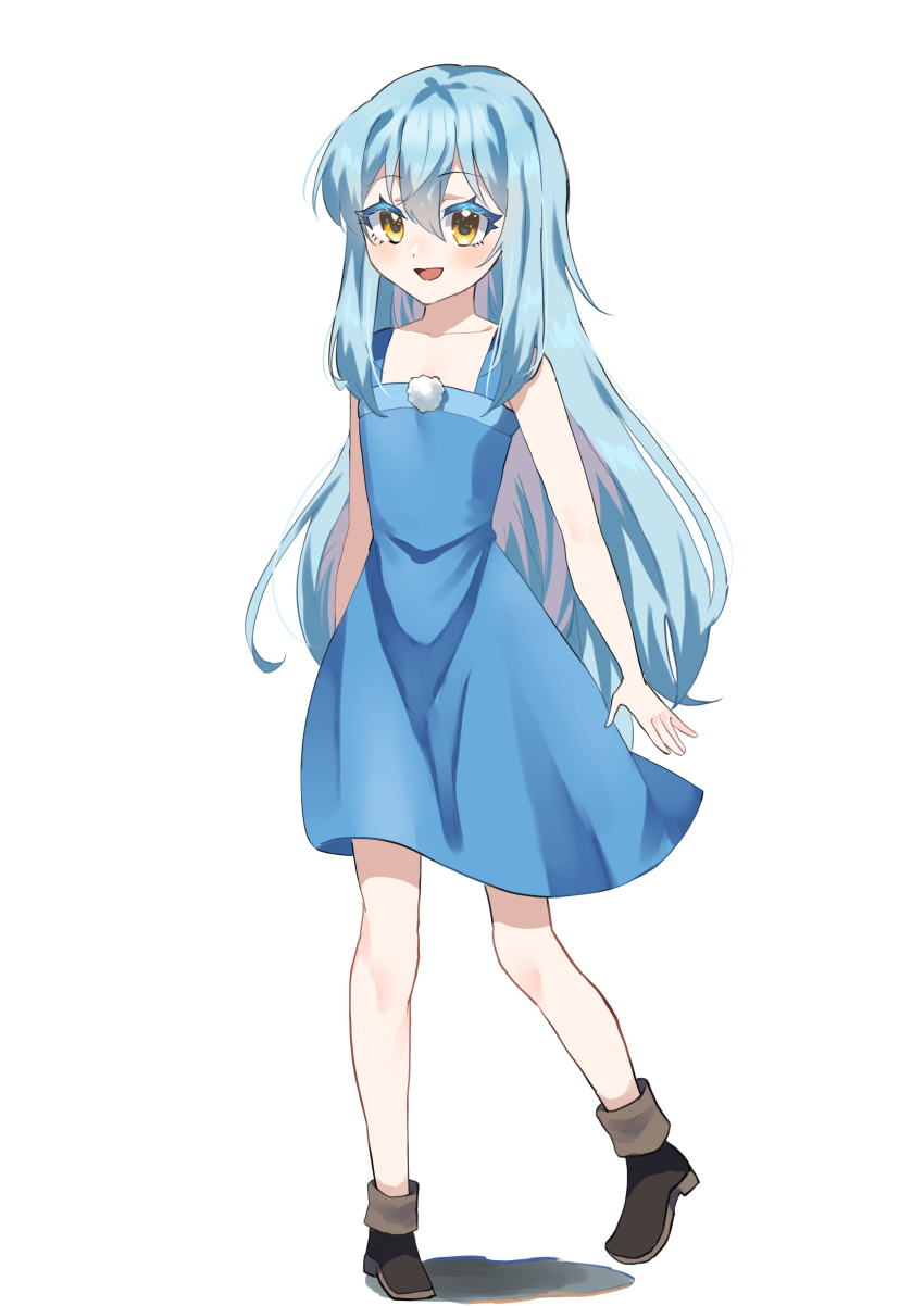 1other :d absurdres arm_behind_back black_footwear blue_dress blue_eyes boots chocoeiru collarbone commentary_request dress eyelashes full_body hair_between_eyes highres long_hair looking_at_viewer open_mouth pom_pom_(clothes) rimuru_tempest simple_background smile solo standing standing_on_one_leg tensei_shitara_slime_datta_ken white_background yellow_eyes