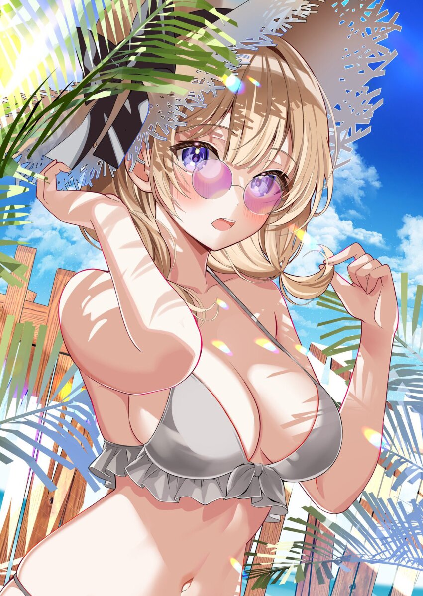 1girl bare_arms bare_shoulders bikini blonde_hair blue_eyes breasts cleavage frilled_bikini frills front-tie_bikini_top front-tie_top grey_bikini halterneck hands_up hat highres looking_at_viewer medium_breasts medium_hair motsunuki navel open_mouth original round_eyewear short_twintails skindentation solo stomach straw_hat string_bikini sunglasses swimsuit tinted_eyewear twintails upper_body