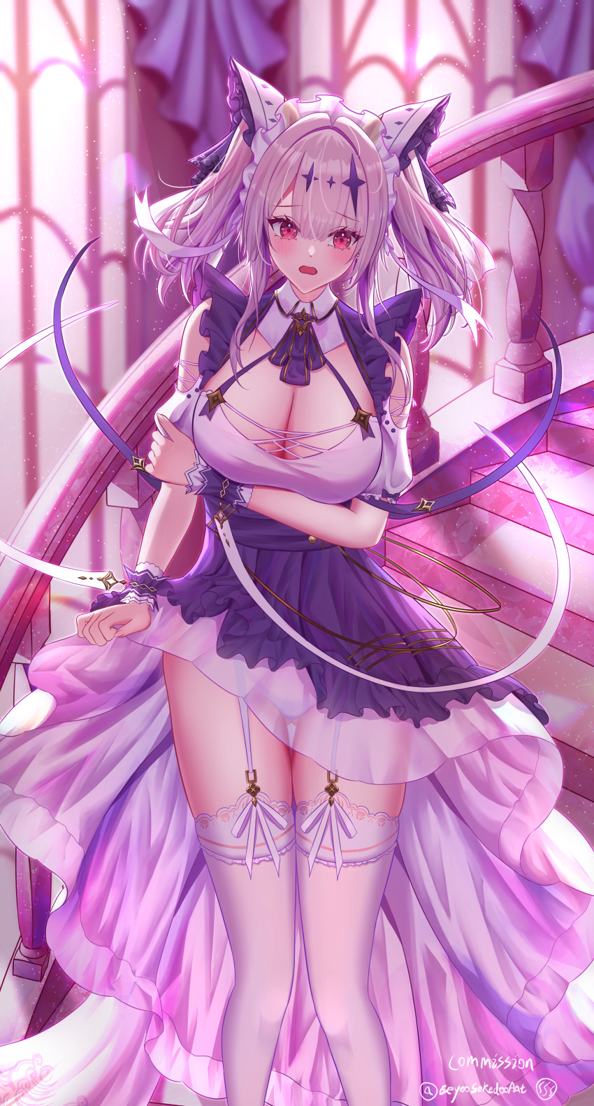 1girl absurdres alternate_costume animal_ears apron arms_under_breasts artist_name azur_lane blush breasts cheshire_(azur_lane) cheshire_(azur_lane)_(cosplay) cleavage commission cosplay detached_sleeves eeyoosekedooaat enmaided fake_animal_ears feet_out_of_frame garter_straps hair_ornament highres indoors joffre_(azur_lane) lace lace-trimmed_thighhighs lace_trim large_breasts long_hair long_ribbon looking_at_viewer maid maid_headdress open_mouth panties pink_theme pixiv_commission puffy_detached_sleeves puffy_sleeves purple_apron red_eyes see-through solo stairs star_(symbol) star_hair_ornament thighhighs underwear white_garter_straps white_panties white_thighhighs