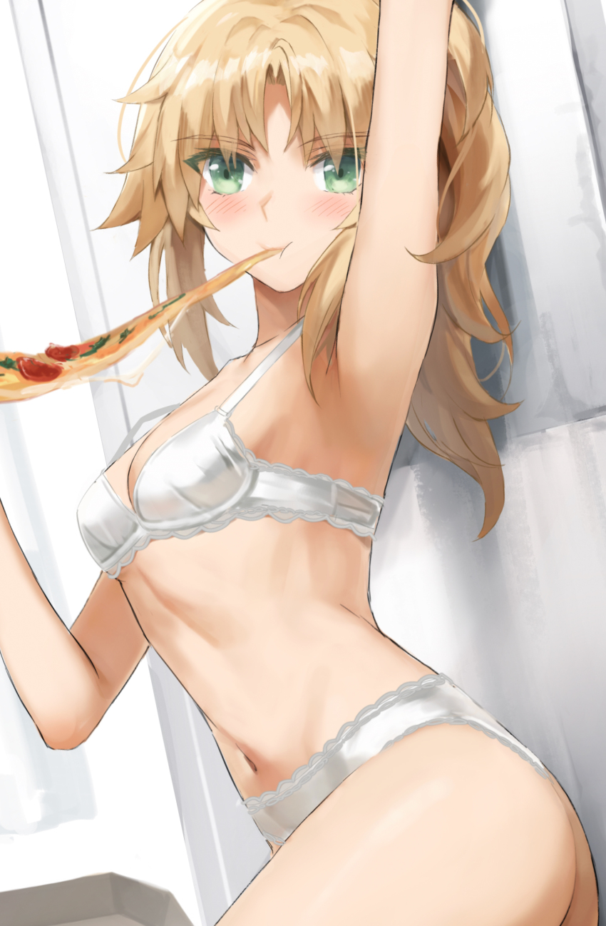 1girl :t arm_up armpits blonde_hair blush bra breasts eating fate/apocrypha fate_(series) food green_eyes hand_up highres holding holding_food holding_pizza long_hair looking_at_viewer mordred_(fate) navel panties pizza pizza_slice presenting_armpit sidelocks small_breasts solo stomach thighs tonee underwear underwear_only upper_body white_bra white_panties