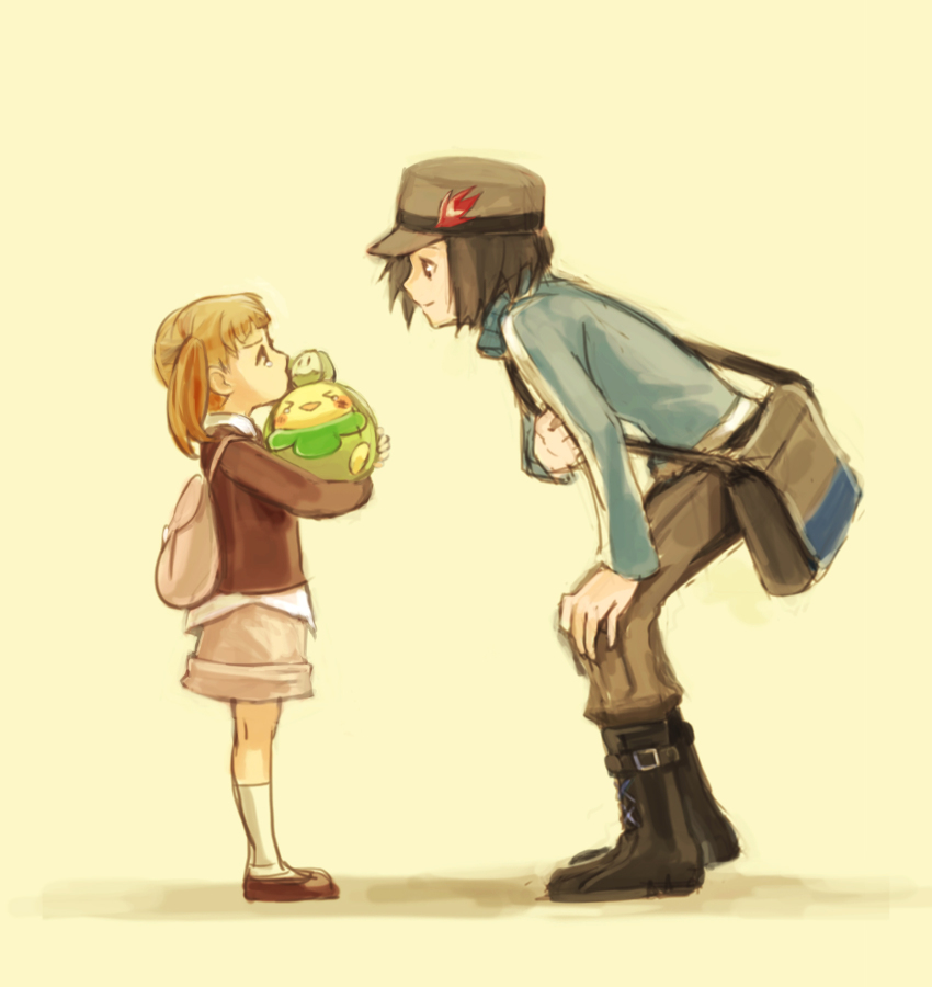 10s 1boy 1girl age_difference backpack bag blush boots brown_eyes brown_hair budew calem_(pokemon) child creatures_(company) game_freak gen_4_pokemon hands_on_own_knees hat height_difference highres leaning_forward nintendo pokemon pokemon_(creature) pokemon_xy preschooler_(pokemon) s0709c0404_(pixiv) short_hair sketch smile socks tears twintails uru-ri