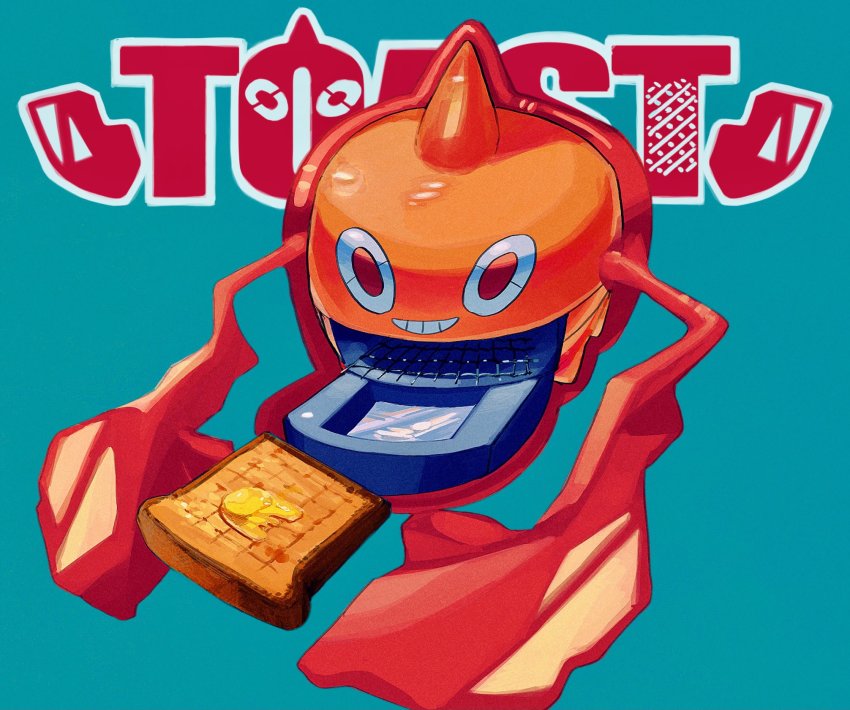 aqua_background bread_slice butter creatures_(company) food full_body game_freak gen_4_pokemon gogot grin highres holding holding_food nintendo no_humans pokemon pokemon_(creature) rotom rotom_(heat) smile solo teeth toast