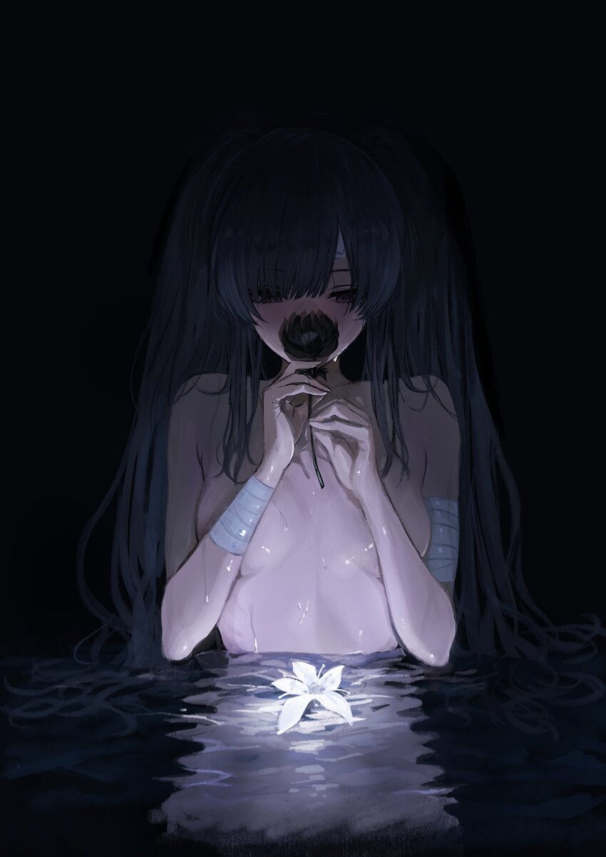 1girl asteria_(driftingprhp) asymmetrical_bangs bandaged_arm bandages bandaid bandaid_on_face black_background breasts covered_mouth flower glowing_flower grey_hair hands_up highres holding holding_flower idolmaster idolmaster_shiny_colors long_hair looking_down lotus nude partially_submerged purple_eyes reflection small_breasts solo twintails upper_body water wet yukoku_kiriko