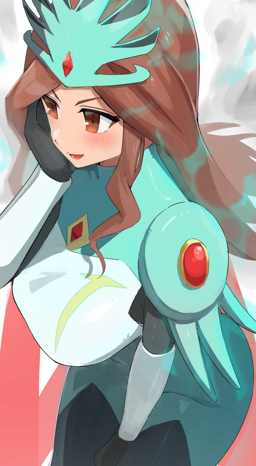 1girl absurdres blush bodysuit breasts brown_eyes brown_hair character_request commentary_request green_bodysuit highres inazuma_eleven_(series) inazuma_eleven_go large_breasts long_hair looking_ahead open_mouth oruru63100814 sitting smile solo