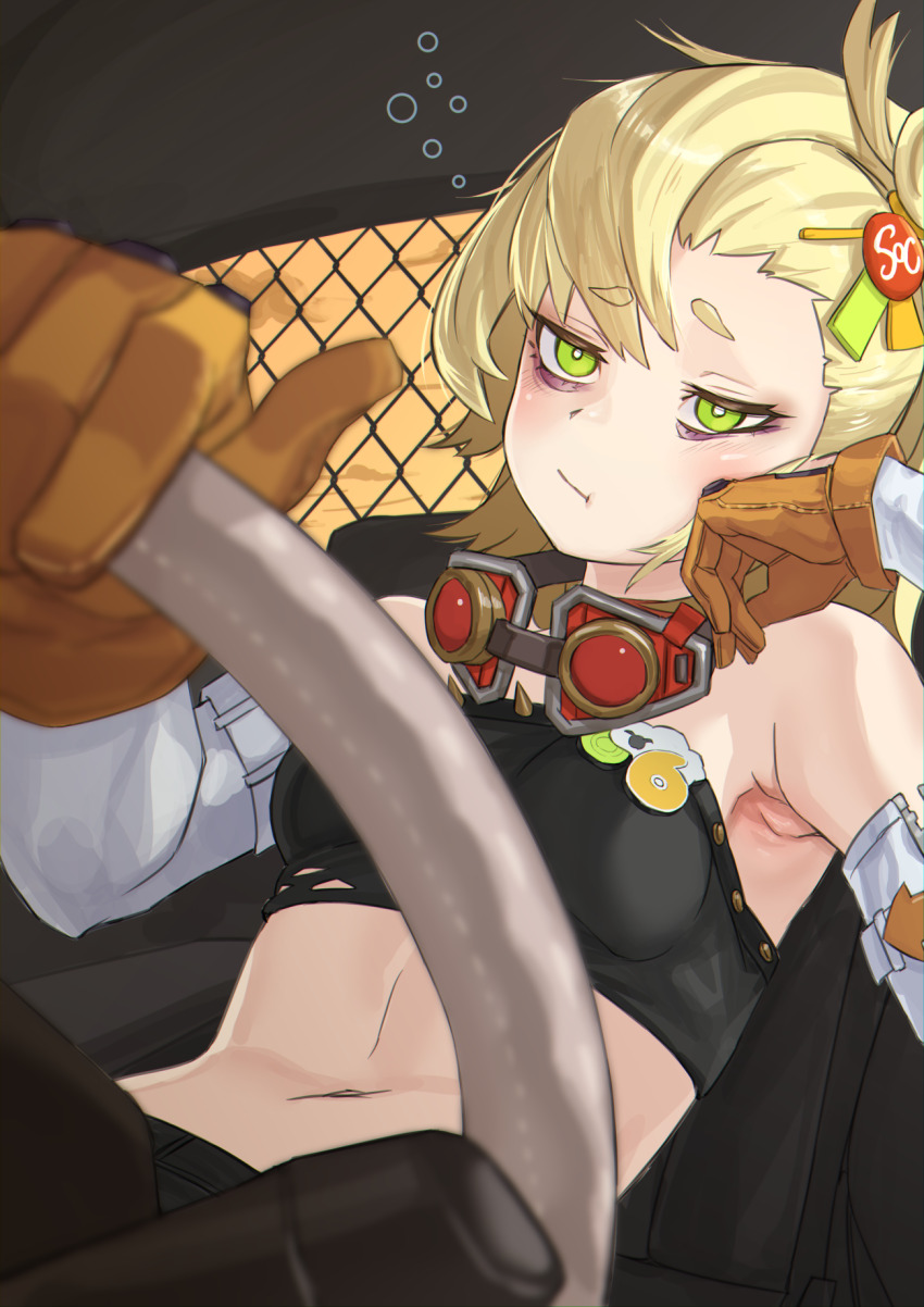 1girl armpits bags_under_eyes bare_shoulders blonde_hair blush breasts closed_mouth commentary_request crop_top detached_sleeves gloves goggles goggles_around_neck green_eyes hair_bun hair_ornament haishima_xv highres long_hair midriff partial_commentary piper_wheel solo steering_wheel torn_clothes zenless_zone_zero