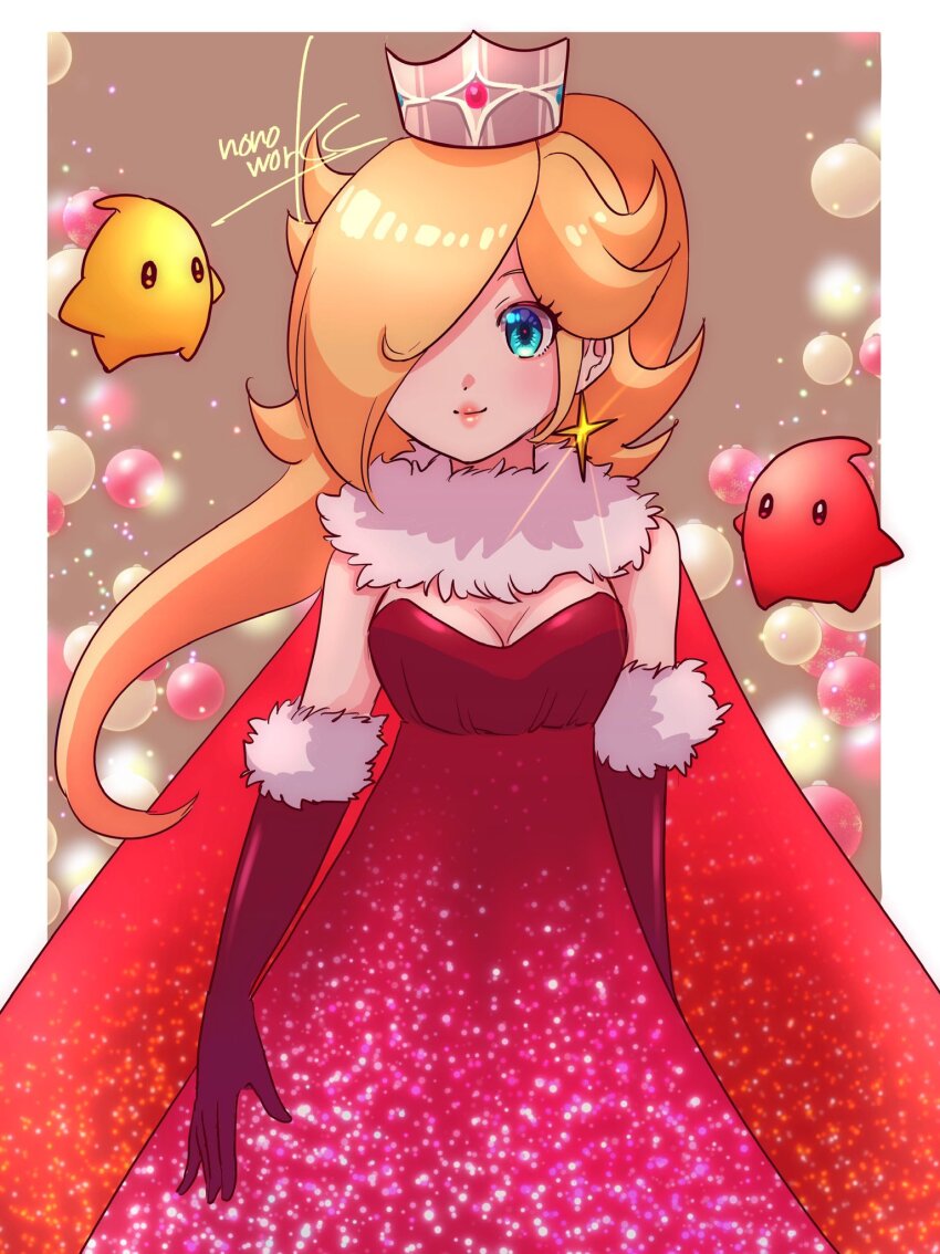 1girl alternate_costume bare_shoulders blonde_hair blue_eyes cape closed_mouth crown dress earrings elbow_gloves eyelashes fur_collar gloves hair_over_one_eye highres jewelry looking_at_viewer luma_(mario) mario_(series) nintendo nonoworks ponytail red_cape red_dress red_gloves rosalina signature smile star_(symbol) star_earrings super_mario_galaxy