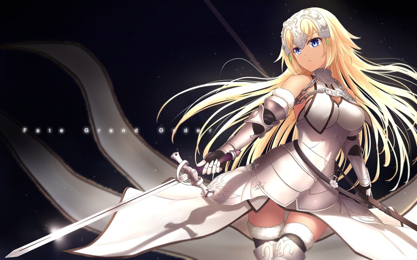 1girl armor armored_dress bare_shoulders blonde_hair breasts bu_li chain copyright_name elbow_gloves fate/apocrypha fate/grand_order fate_(series) female_focus gauntlets glint gloves greaves headpiece highres holding holding_sword holding_weapon jeanne_d&#039;arc_(fate) jeanne_d&#039;arc_(ruler)_(fate) jeanne_d&#039;arc_(third_ascension)_(fate) long_hair looking_away medium_breasts parted_lips solo sword thighhighs weapon white_thighhighs