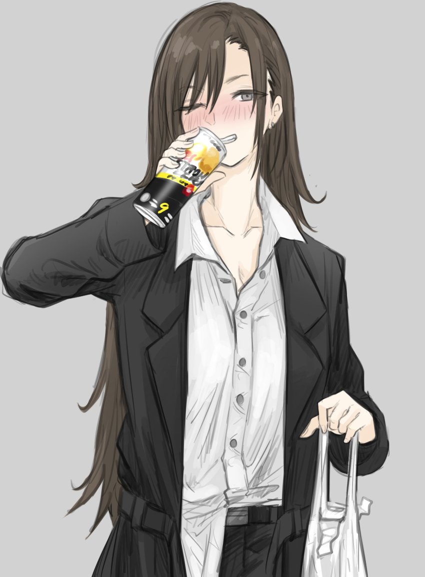 1girl absurdres bag black_jacket blush brown_hair can drink_can earrings food_request fuku_(fuku12290574) grey_background grey_eyes hair_over_one_eye highres jacket jewelry long_hair one_eye_closed original plastic_bag shirt shirt_partially_tucked_in shirt_tug soda_can solo white_shirt