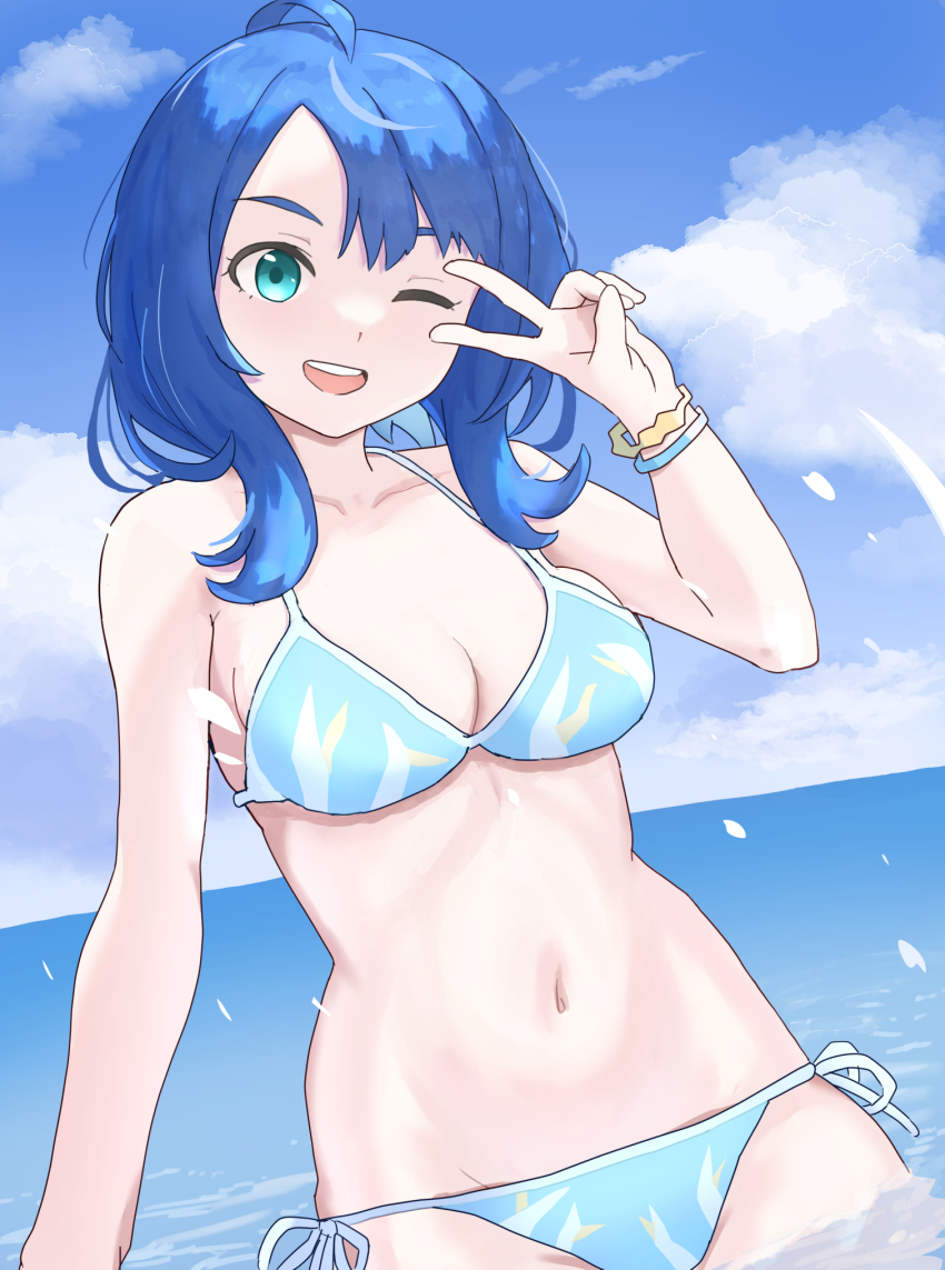 1girl ahoge bikini blue_bikini blue_eyes blue_hair bracelet breasts highres horizon jewelry koto_noha make_heroine_ga_oo_sugiru! medium_breasts medium_hair ocean one_eye_closed open_mouth round_teeth side-tie_bikini_bottom solo swimsuit teeth upper_teeth_only water yanami_anna