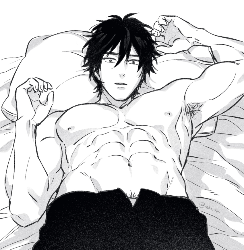 1boy abs aki_(supekutooru) ao_isami bara couple cowboy_shot facial_hair from_below greyscale highres looking_at_viewer lying male_focus monochrome navel nipples official_alternate_hairstyle on_back open_fly pectorals pubic_hair pubic_hair_peek sideburns_stubble solo stomach stubble thick_eyebrows topless_male yuuki_bakuhatsu_bang_bravern