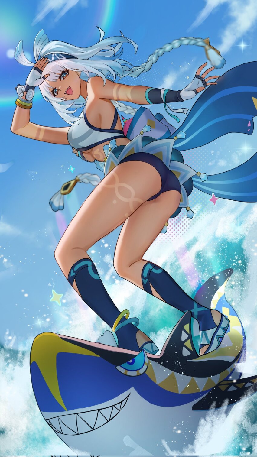 1girl arm_up bare_shoulders blue_footwear blue_gloves blue_hairband blue_panties braid fingerless_gloves fish-shaped_pupils floating_hair from_below genshin_impact gloves hairband highres kama_(kama_ovo) long_hair looking_at_viewer mualani_(genshin_impact) open_mouth outdoors panties red_eyes smile solo standing symbol-shaped_pupils teeth two-tone_gloves underwear upper_teeth_only water white_gloves white_hair