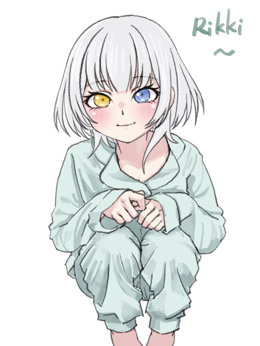 1girl aoki_hina bang_dream! bang_dream!_it&#039;s_mygo!!!!! blue_eyes blue_pants blue_shirt closed_mouth heterochromia highres kaname_raana long_sleeves looking_at_viewer pajamas pants photo-referenced shirt short_hair simple_background sleeves_past_wrists solo tengukito voice_actor_connection white_background white_hair yellow_eyes