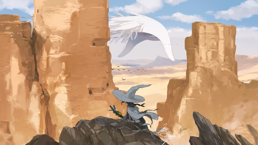 1girl blue_sky brown_hair canyon cape cloud facing_away fantasy from_behind giant giant_monster hat highres holding holding_staff landscape monster original ponytail robe scenery sky solo staff uki_atsuya white_cape white_hat wide_shot witch_hat