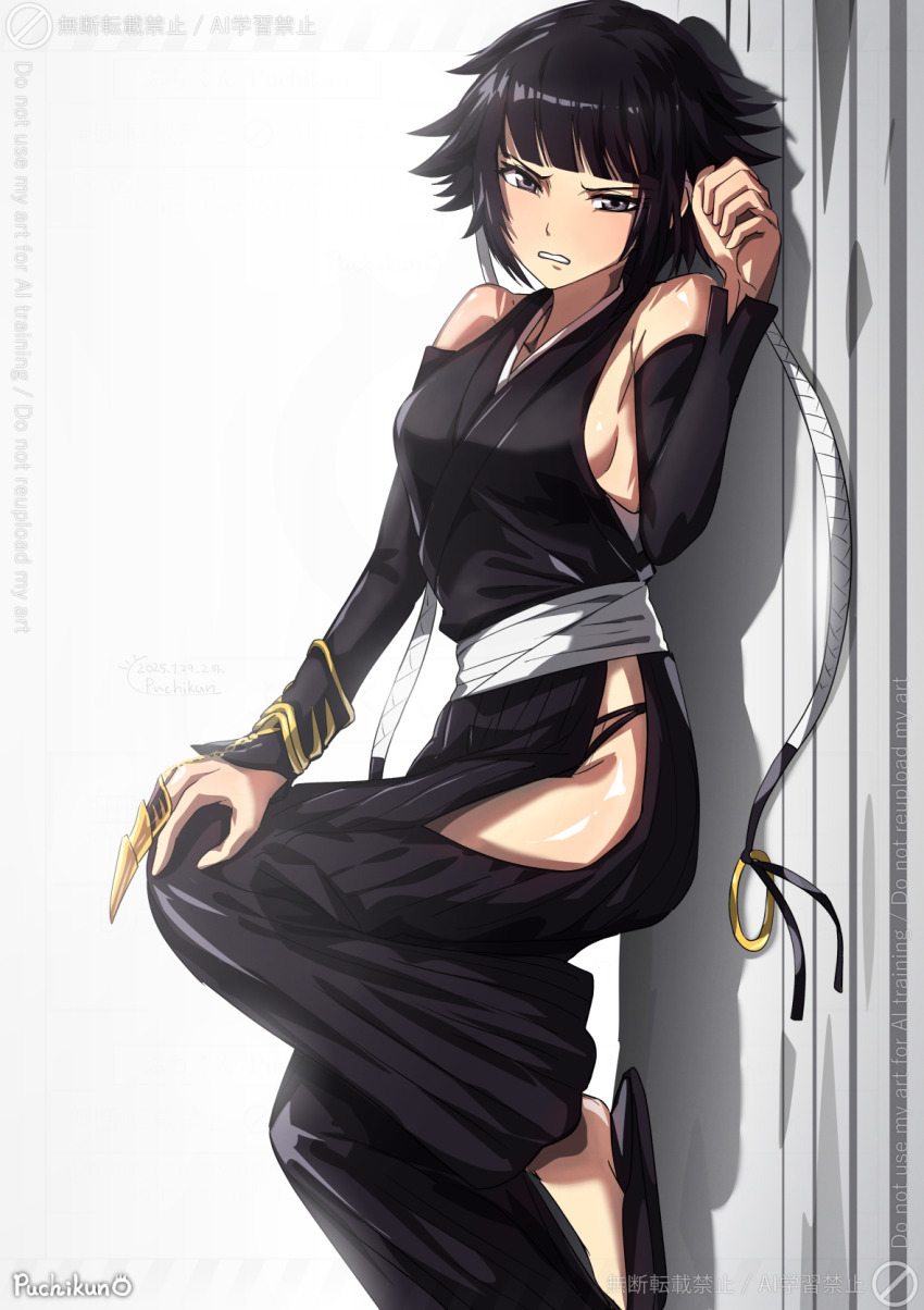 1girl artist_name black_hair bleach breasts detached_sleeves female_focus hand_on_own_knee highres looking_at_viewer lying medium_hair on_side puchikun shiny_skin sideboob simple_background small_breasts sui-feng suzumebachi_(shikai) teeth