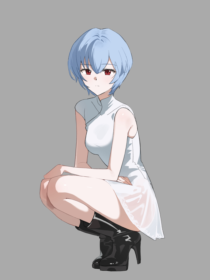 1girl absurdres ayanami_rei black_footwear blue_hair breasts closed_mouth dress evangelion:_1.0_you_are_(not)_alone evangelion:_2.0_you_can_(not)_advance evangelion:_3.0+1.0_thrice_upon_a_time evangelion:_3.0_you_can_(not)_redo gainax hair_between_eyes high_heels highres legs_together looking_at_viewer medium_breasts neon_genesis_evangelion pale_skin rebuild_of_evangelion red_eyes see-through_clothes short_hair sidelocks simple_background sleeveless solo squatting the_end_of_evangelion thighs uz_(uzru0428)