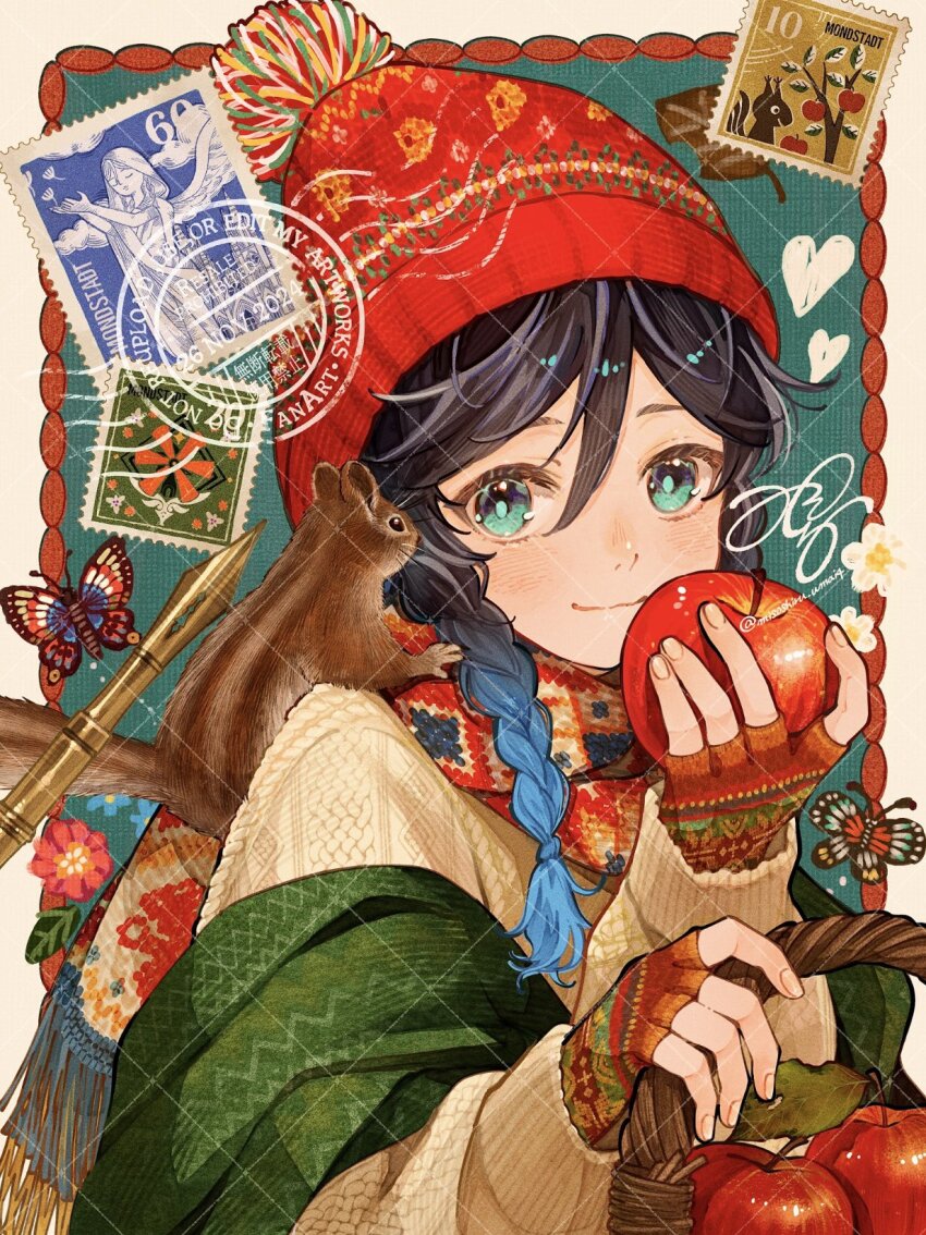 1boy animal apple aqua_eyes beanie black_hair blue_hair braid bug butterfly fingerless_gloves food fruit genshin_impact gloves hair_between_eyes hat highres holding holding_food holding_fruit insect misoshiru_umai4 multicolored_hair pen pom_pom_(clothes) pom_pom_beanie postage_stamp scarf solo squirrel stamp_mark sweater twitter_username two-tone_hair upper_body venti_(genshin_impact)