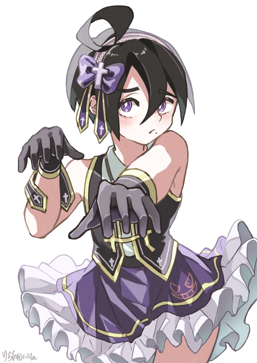 1boy absurdres ahoge allister_(pokemon) alternate_costume bare_shoulders black_hair black_vest bow bright_pupils closed_mouth commentary_request creatures_(company) crossdressing game_freak gloves hair_bow highres looking_at_viewer male_focus mole nintendo o_o307 pokemon pokemon_swsh purple_bow purple_eyes purple_skirt shirt short_hair simple_background skirt solo vest white_background white_pupils