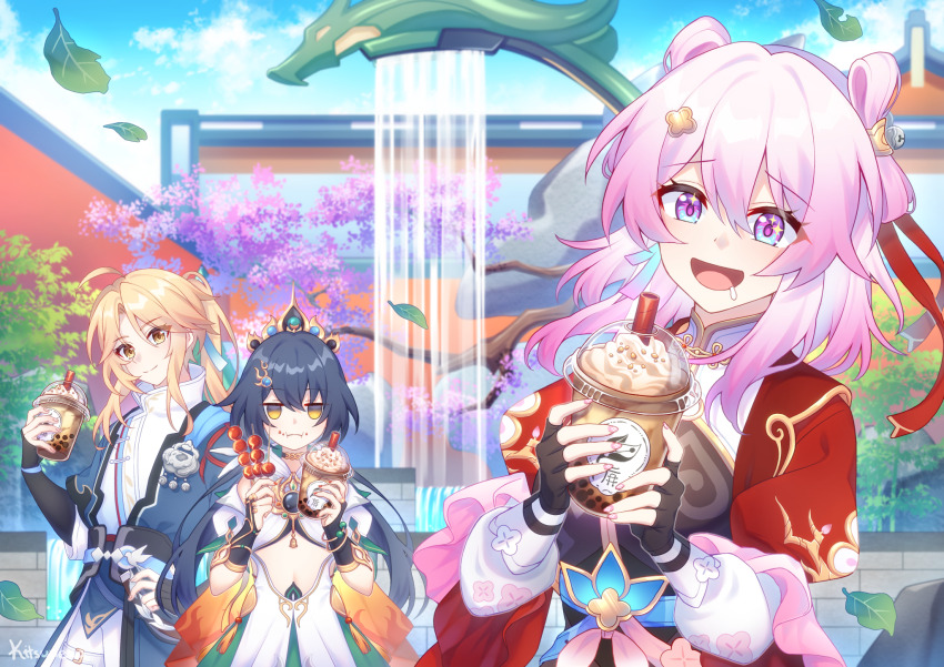 1boy 2girls bell belt black_gloves blue_belt blue_eyes bubble_tea chinese_clothes commentary cup disposable_cup drink drinking_straw drooling earrings english_commentary fingerless_gloves gloves hair_ornament hairpin happy highres holding holding_cup honkai:_star_rail honkai_(series) jacket jewelry jingle_bell kitsuneco march_7th_(honkai:_star_rail) march_7th_(hunt)_(honkai:_star_rail) mixed-language_commentary multiple_girls official_alternate_costume official_alternate_hairstyle open_mouth pink_eyes pink_hair pink_pupils puffy_sleeves red_jacket shuangyaji single_earring sparkling_eyes two-tone_eyes white_sleeves yanqing_(honkai:_star_rail) yunli_(honkai:_star_rail)