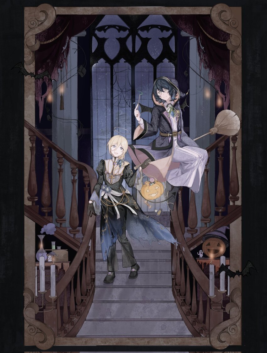 2boys aoba_tsumugi arm_up bat_wings black_border black_dress black_footwear black_hoodie black_pants blonde_hair blue_eyes blue_hair blue_ribbon border broom broom_riding candle dress ensemble_stars! green_ribbon grey_pants hair_between_eyes halloween_bucket halo highres holding holding_wand hood hoodie jack-o&#039;-lantern juliet_sleeves long_hair long_sleeves looking_at_another medium_hair multiple_boys o875765 pants puffy_sleeves ribbon shirt silk spider_web stairs tenshouin_eichi wand white_shirt wings yellow_eyes