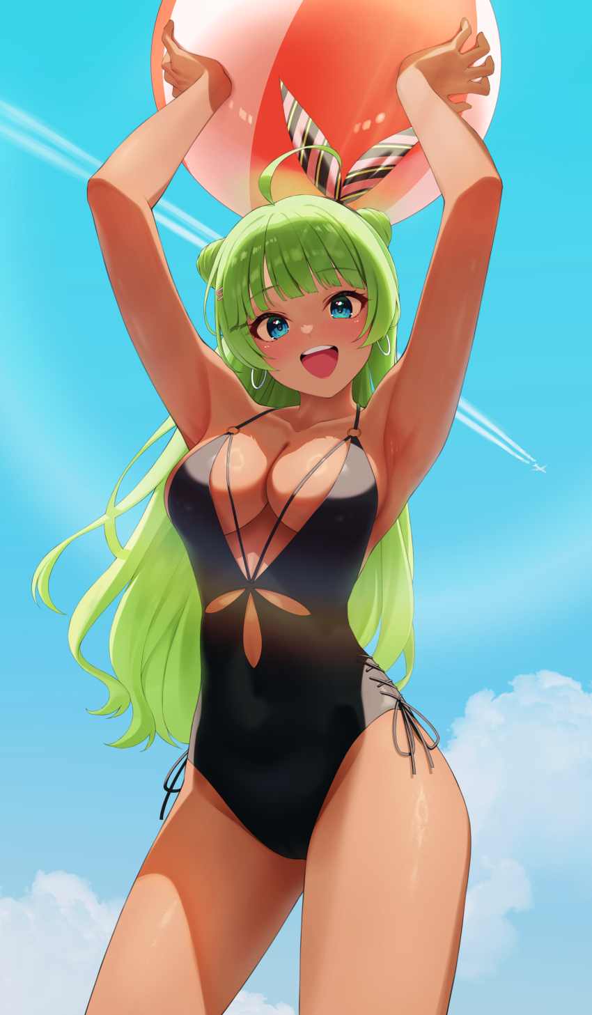 1girl absurdres ahoge armpits arms_up ball beachball black_one-piece_swimsuit blush breasts cleavage commentary_request cone_hair_bun contrail earrings green_hair hair_bun hear_(kpmf4732) highres holding holding_ball holding_beachball hoop_earrings idolmaster idolmaster_million_live! jewelry large_breasts long_hair looking_at_viewer one-piece_swimsuit outdoors shimabara_elena side-tie_swimsuit smile solo swimsuit tan very_long_hair