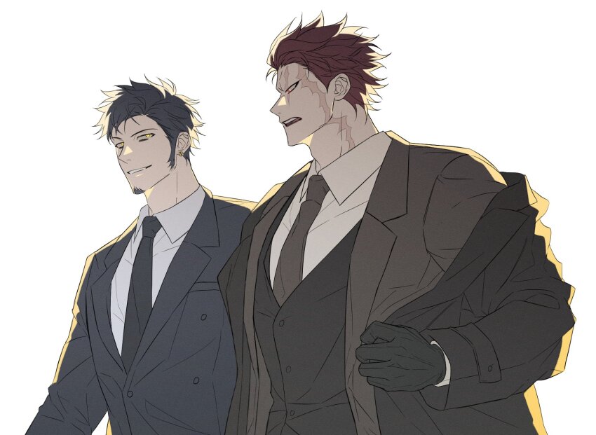 2boys black_gloves black_hair black_jacket black_necktie buttons coat earrings eustass_kid facial_hair formal_clothes gloves goatee highres jacket jewelry korean_commentary long_sleeves looking_at_another male_focus multiple_boys muscular muscular_male necktie one_piece op_chestnut red_eyes scar scar_on_face shirt short_hair smile suit teeth trafalgar_law vest white_background white_shirt yaoi yellow_eyes