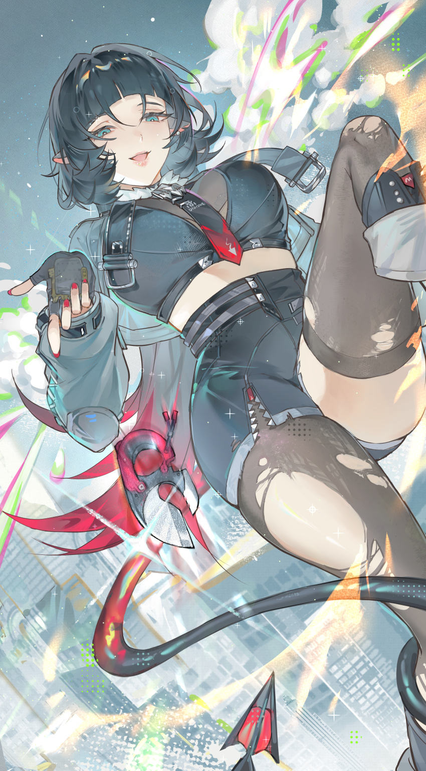 1girl :d absurdres animal_ears black_hair black_pantyhose black_shorts black_thighhighs blunt_bangs boots breasts city feet_out_of_frame fur-trimmed_jacket fur_trim gradient_hair green_eyes grey_jacket grey_sky high-waist_shorts highres huang_huo_liaoyuan jacket jane_doe_(zenless_zone_zero) knee_boots knee_up large_breasts long_hair looking_at_viewer midriff mouse_ears mouse_girl mouse_tail multicolored_hair open_mouth pantyhose red_hair red_nails sharp_tail short_shorts shorts single_leg_pantyhose skindentation sky smile smoke solo tail thighhighs torn_clothes torn_pantyhose torn_thighhighs zenless_zone_zero