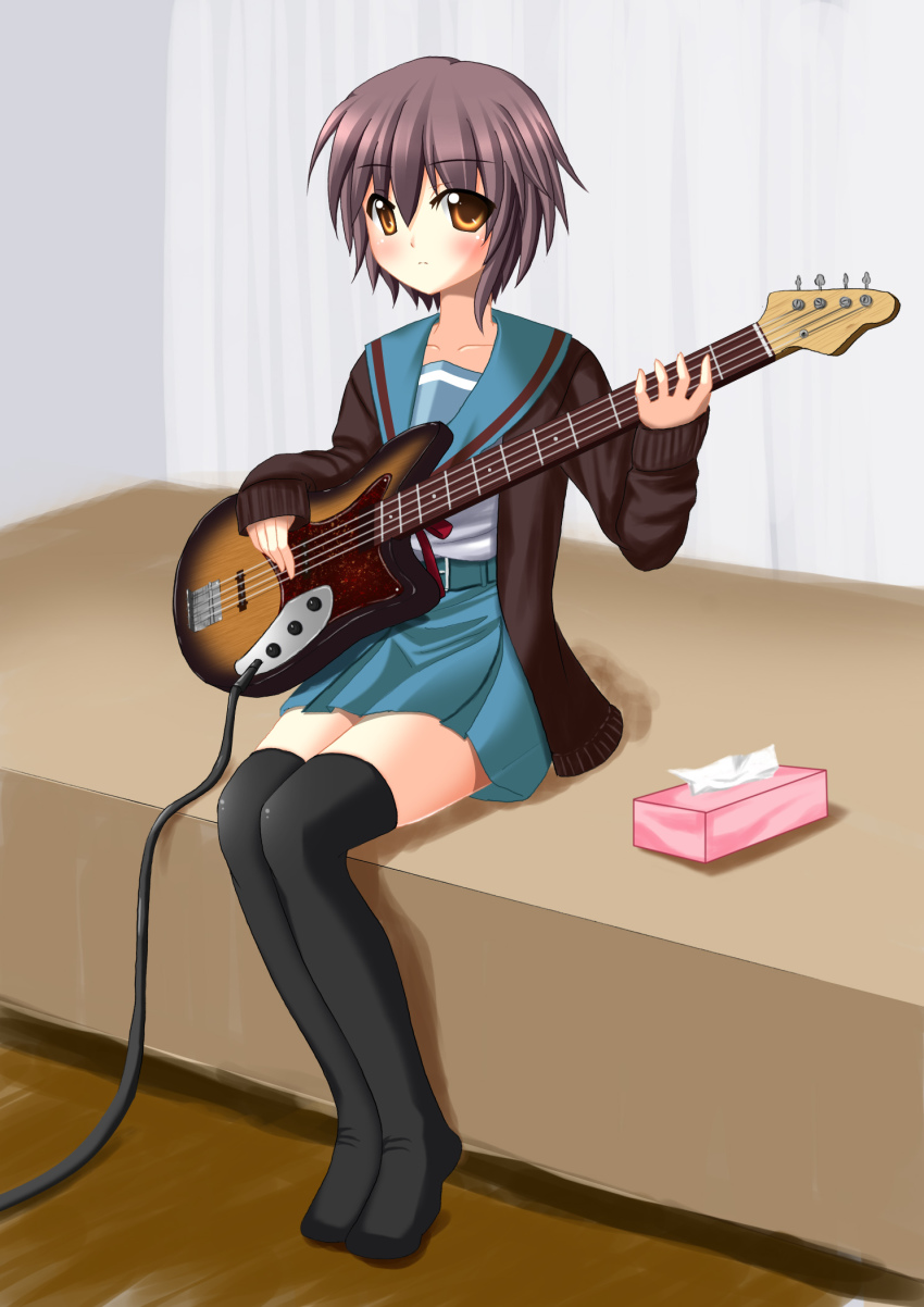 00s 1girl akarin_(sakuraakarin) bass_guitar blush cardigan female_focus highres instrument nagato_yuki no_shoes school_uniform serafuku short_hair solo suzumiya_haruhi_no_yuuutsu thighhighs tissue tissue_box tissue_princess zettai_ryouiki