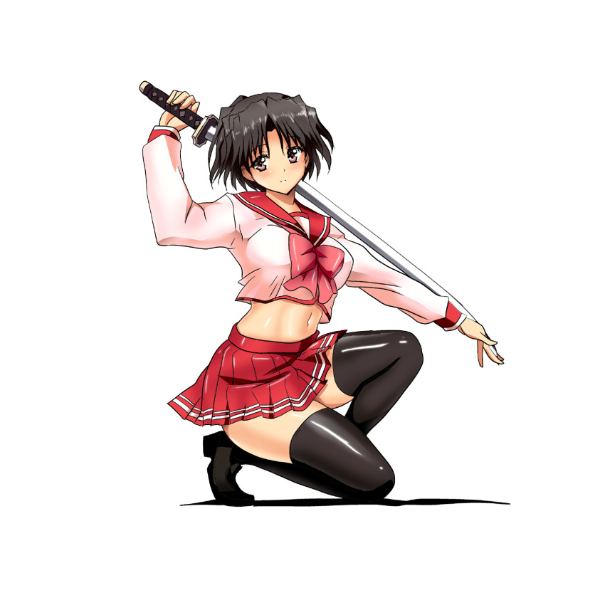 1girl aquaplus highres katana mature_female school_uniform sword tanaka_hitoriaruki thighhighs to_heart to_heart_(series) to_heart_2 weapon yuzuhara_haruka