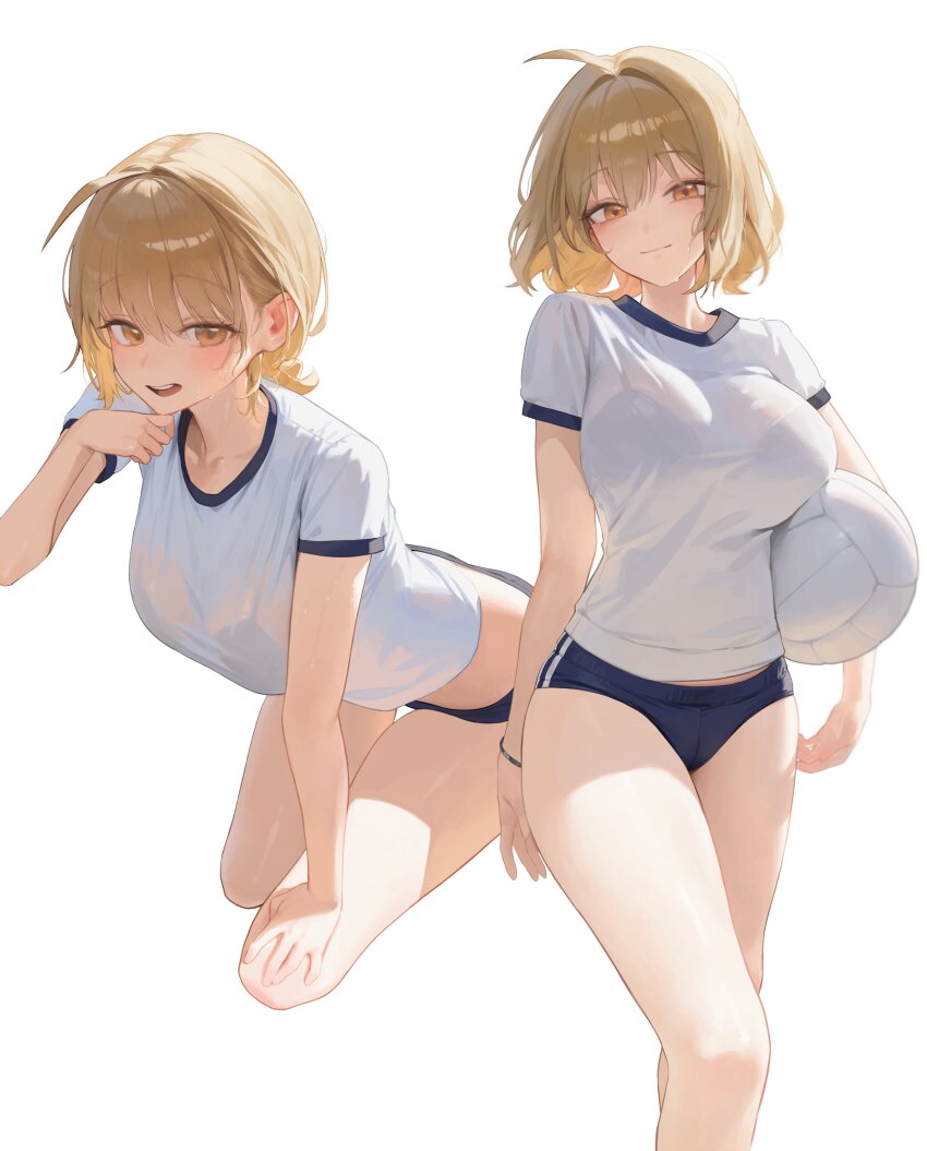 1girl absurdres ahoge anis_(nikke) ball bare_legs blue_buruma blush bob_cut breasts brown_hair buruma cropped_legs feet_out_of_frame female_focus goddess_of_victory:_nikke gym_shirt gym_uniform highres holding holding_ball large_breasts looking_at_viewer multiple_views shirt short_hair simple_background smile volleyball_(object) white_background xi_xeong