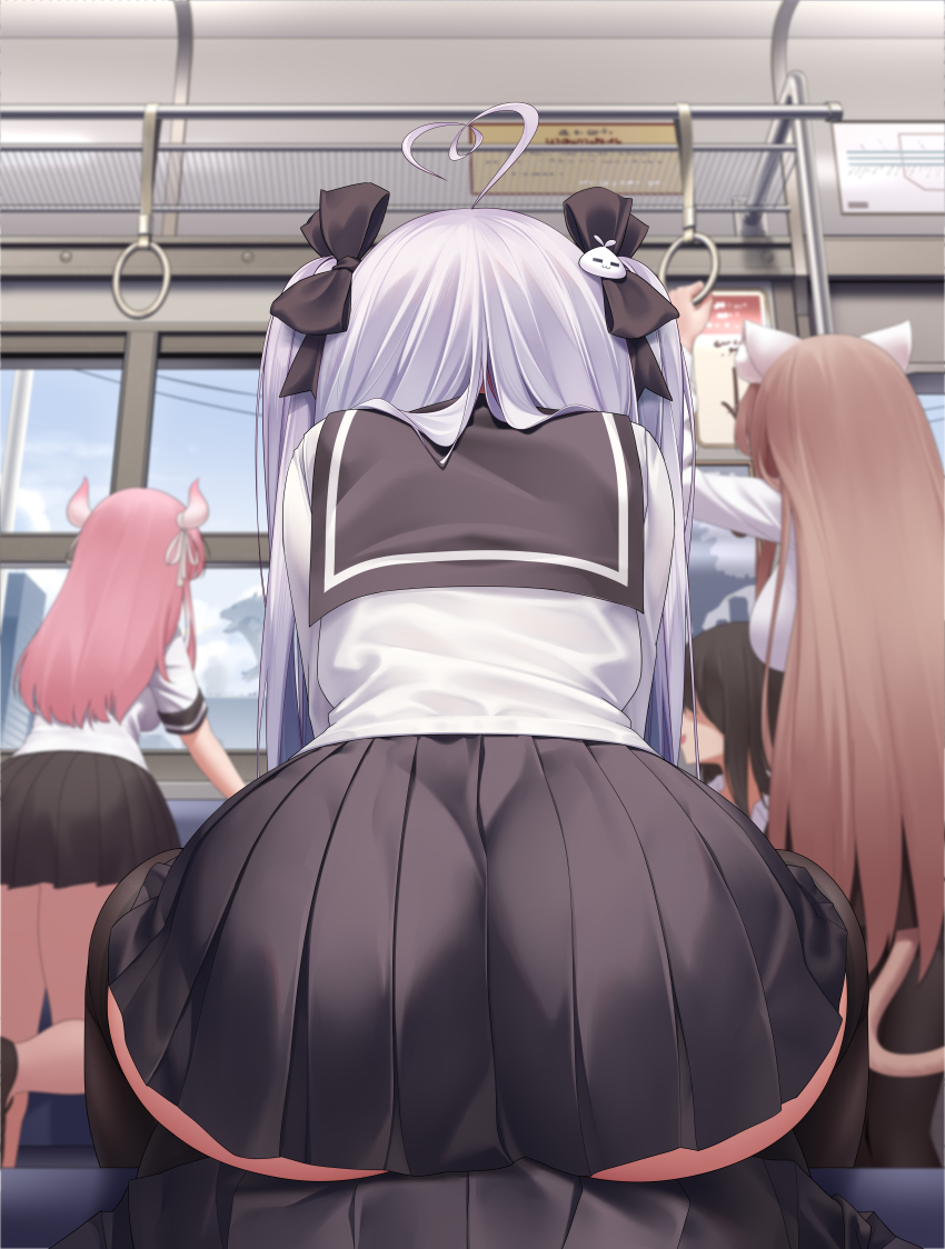 5girls absurdres ahoge animal_ears ass ass_focus black_hair black_pantyhose black_ribbon black_skirt black_thighhighs brown_hair cat_ears day from_behind hair_ornament hair_ribbon highres horns kurohanya_(niliu_chahui) long_hair long_sleeves multiple_girls niliu_chahui original pantyhose pink_hair pink_horns pleated_skirt ribbon school_uniform serafuku shirt sitting sitting_on_person skirt thighhighs tokisaki_mio_(niliu_chahui) train_interior white_hair white_serafuku white_shirt yuri