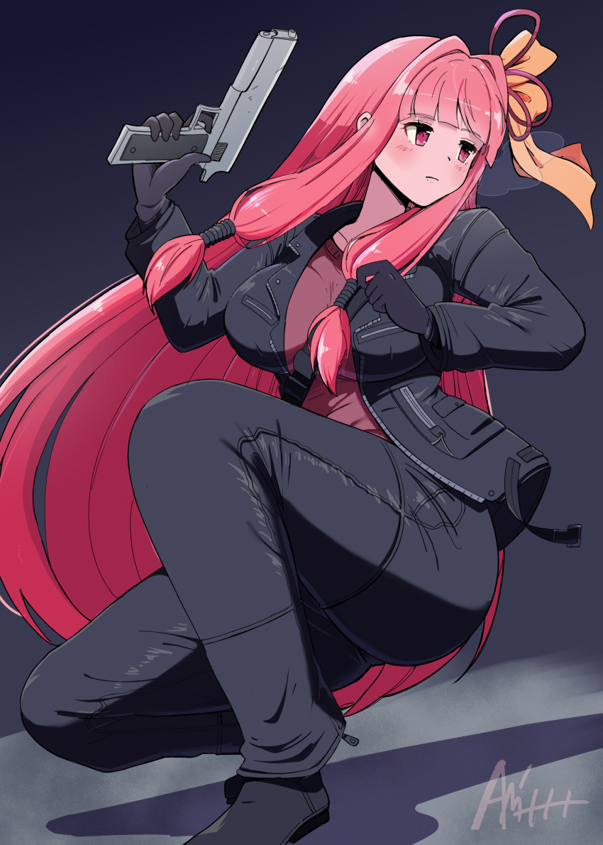 1girl absurdres alternate_costume android black_background black_footwear black_gloves black_jacket black_pants black_suit breasts commission cosplay costume_switch expressionless formal_clothes gloves gun hair_ribbon highres holding holding_gun holding_weapon jacket kotonoha_akane large_breasts leather leather_jacket pants pink_hair pixiv_commission ribbon suit t-800 t-800_(cosplay) terminator_(series) terminator_2:_judgment_day turtleneck voiceroid weapon yayoi841