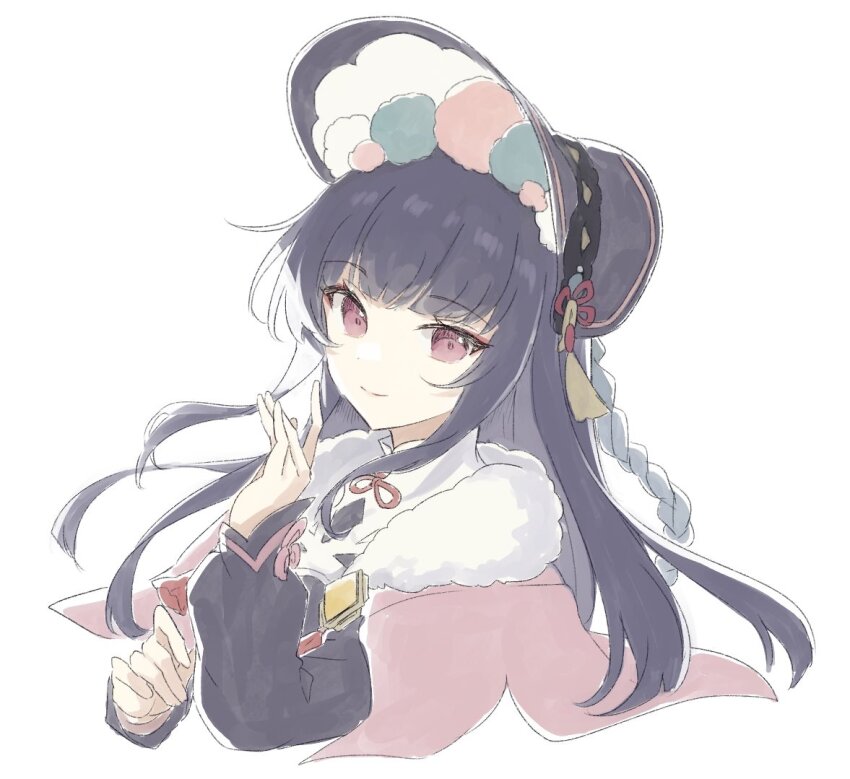 1girl black_hair blunt_bangs bonnet capelet chinese_clothes closed_mouth dress fur-trimmed_capelet fur_trim genshin_impact hat lolita_fashion long_hair long_sleeves looking_at_viewer pink_capelet qi_lolita red_eyes shirase_(shirose) sidelocks simple_background solo upper_body white_background yun_jin_(genshin_impact)